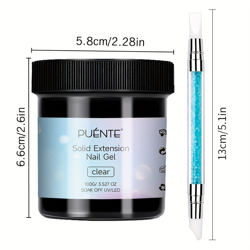 PUENTE 100g Solid Extension Nail Gel With Silicone Sculpture Pen Set, Clear, Non-Stick Hand, 3D Sculpture & Rhinestone Adhesive, Easy Application, Odorless, Soak-Off UV LED Gel For Nail Art, Alcohol-Free, For Home Salon Use